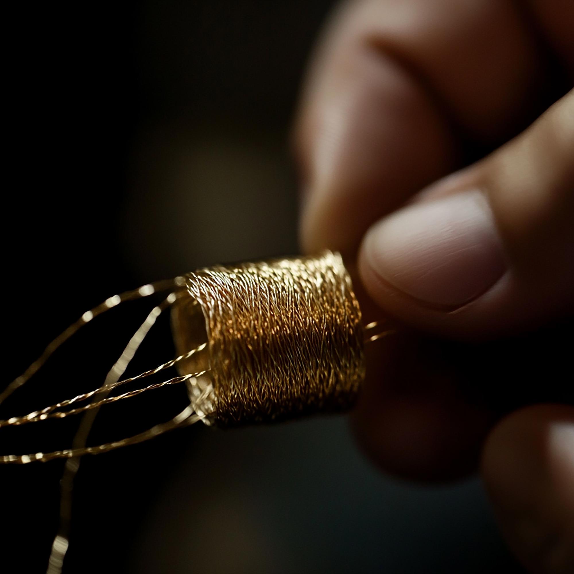 Close-up of artisan embroidery hoop with golden thread